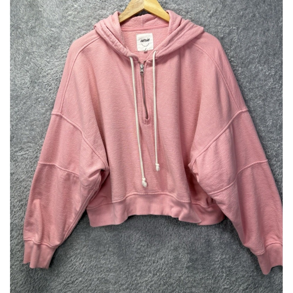 Aerie Womens XL Pink Oversized Cropped Hoodie Half Zip Pullover Sweatshirt